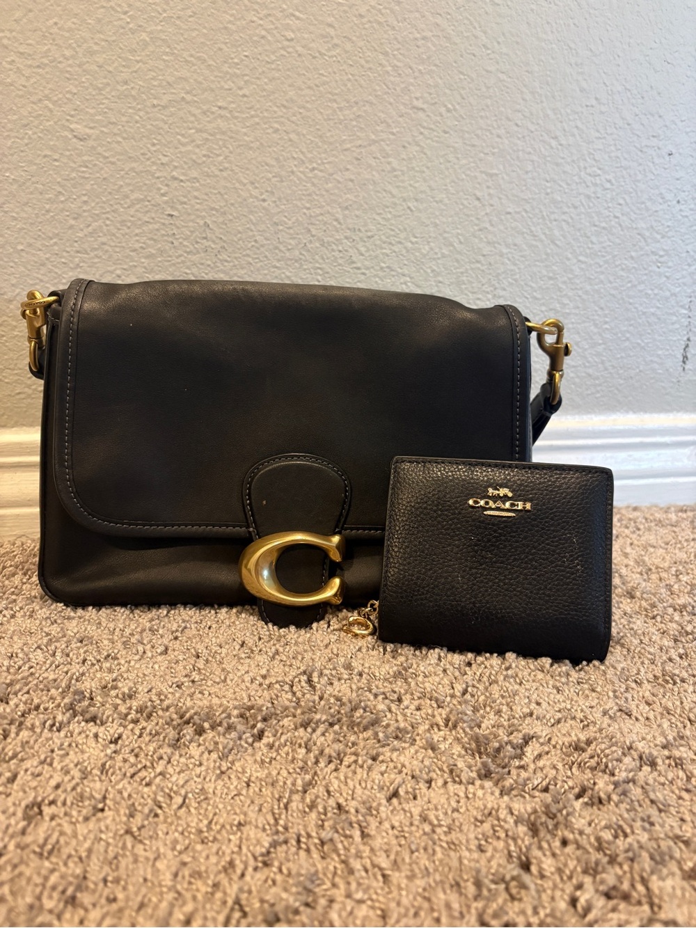 Coach Black Leather Crossbody Bag with Matching Black Wallet and Gold Hardware